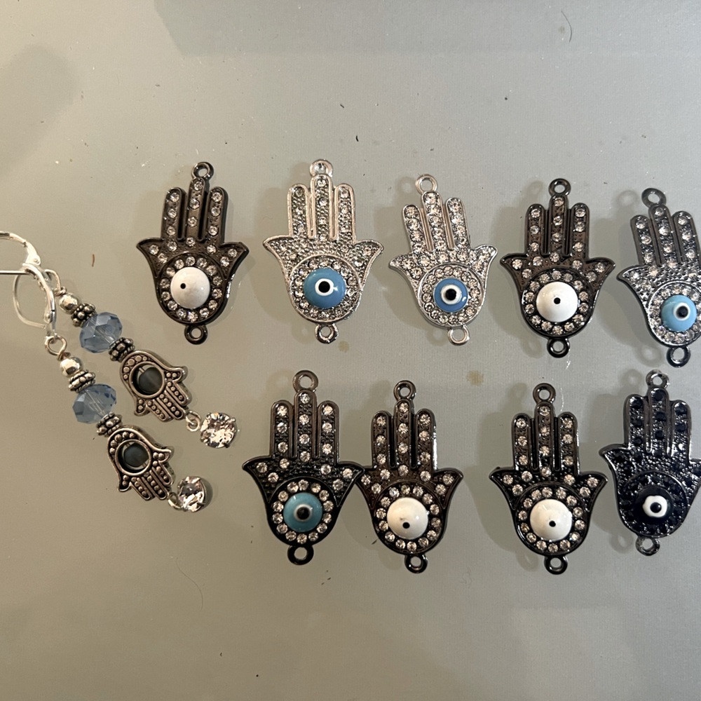9 Assorted Alloy Rhinestone Hamsa Hand EVIL EYE Kabbalah Pendants Connector
